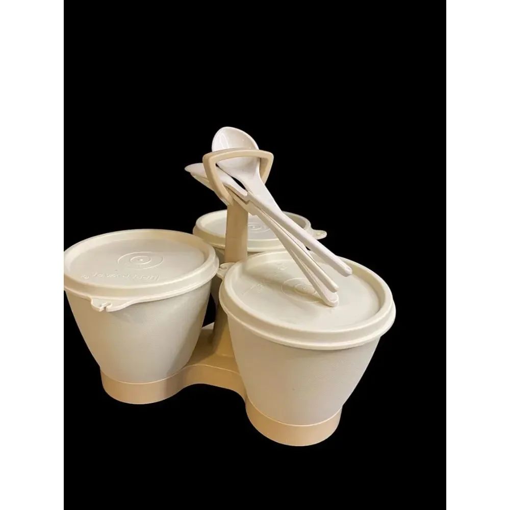 Vintage Tupperware Complete Condiment Caddy Beige Almond with Spoons